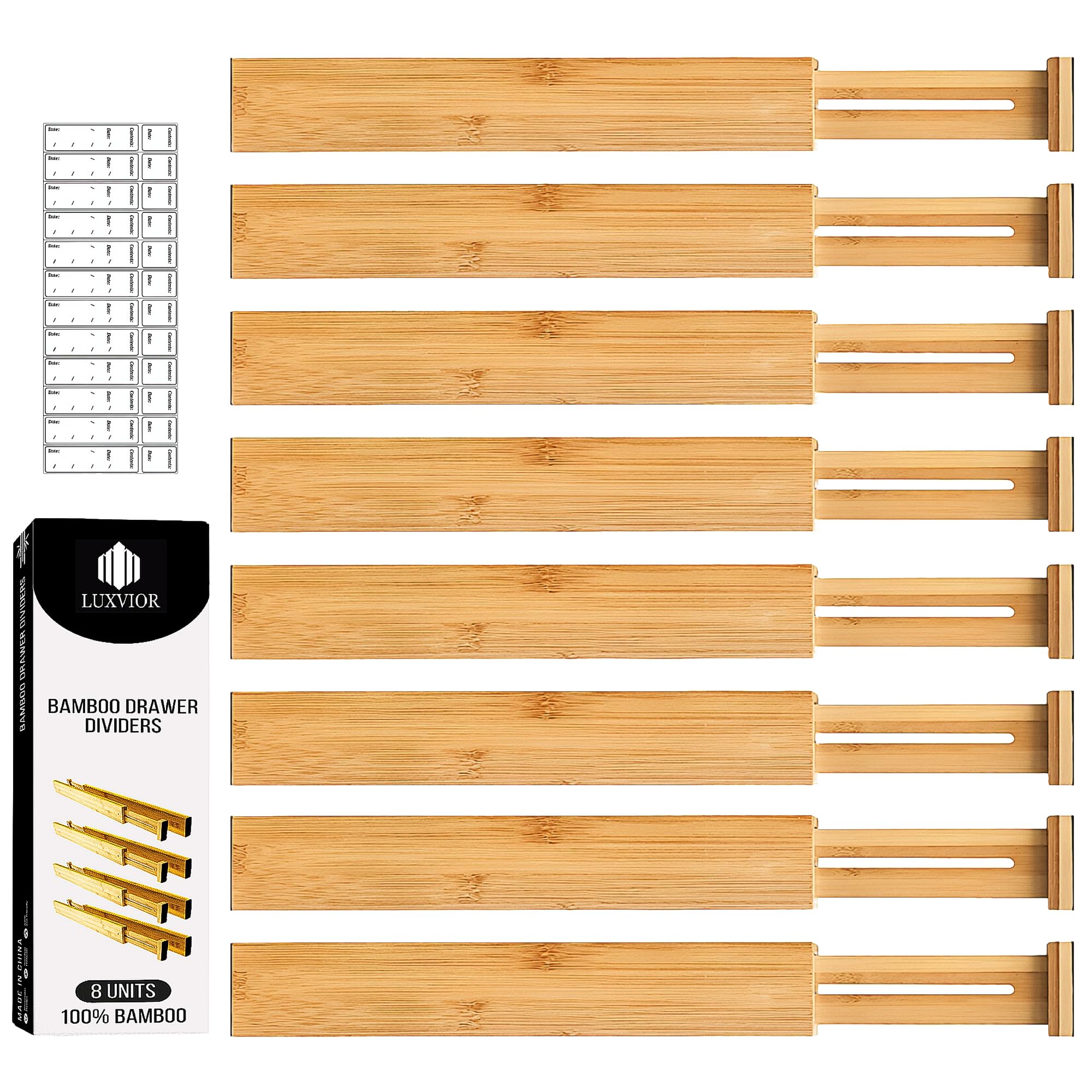 LUXVIOR expandable bamboo divider kit in a drawer keeps items neat and accessible