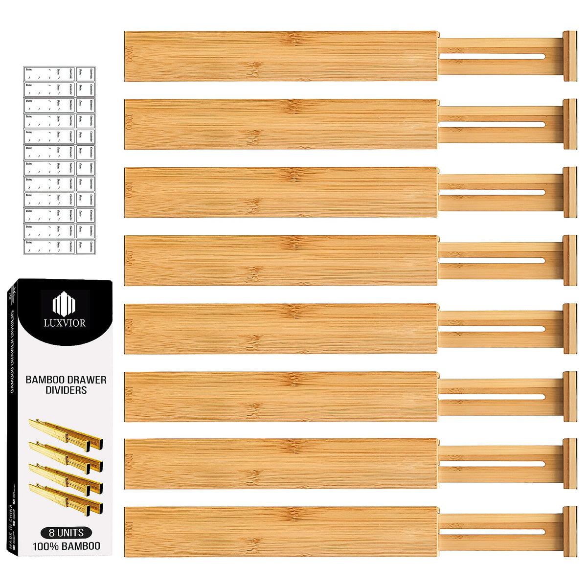LUXVIOR expandable bamboo divider kit in a drawer keeps items neat and accessible