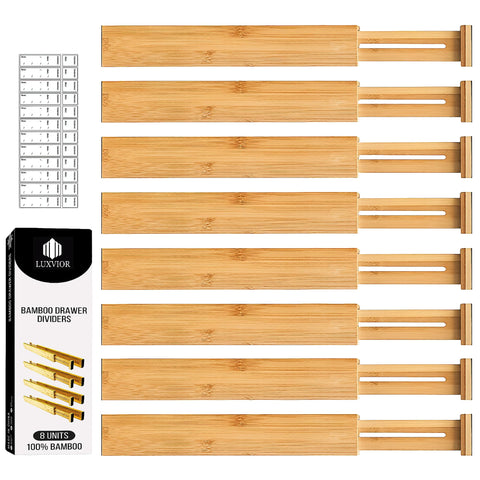 LUXVIOR expandable bamboo divider kit in a drawer keeps items neat and accessible