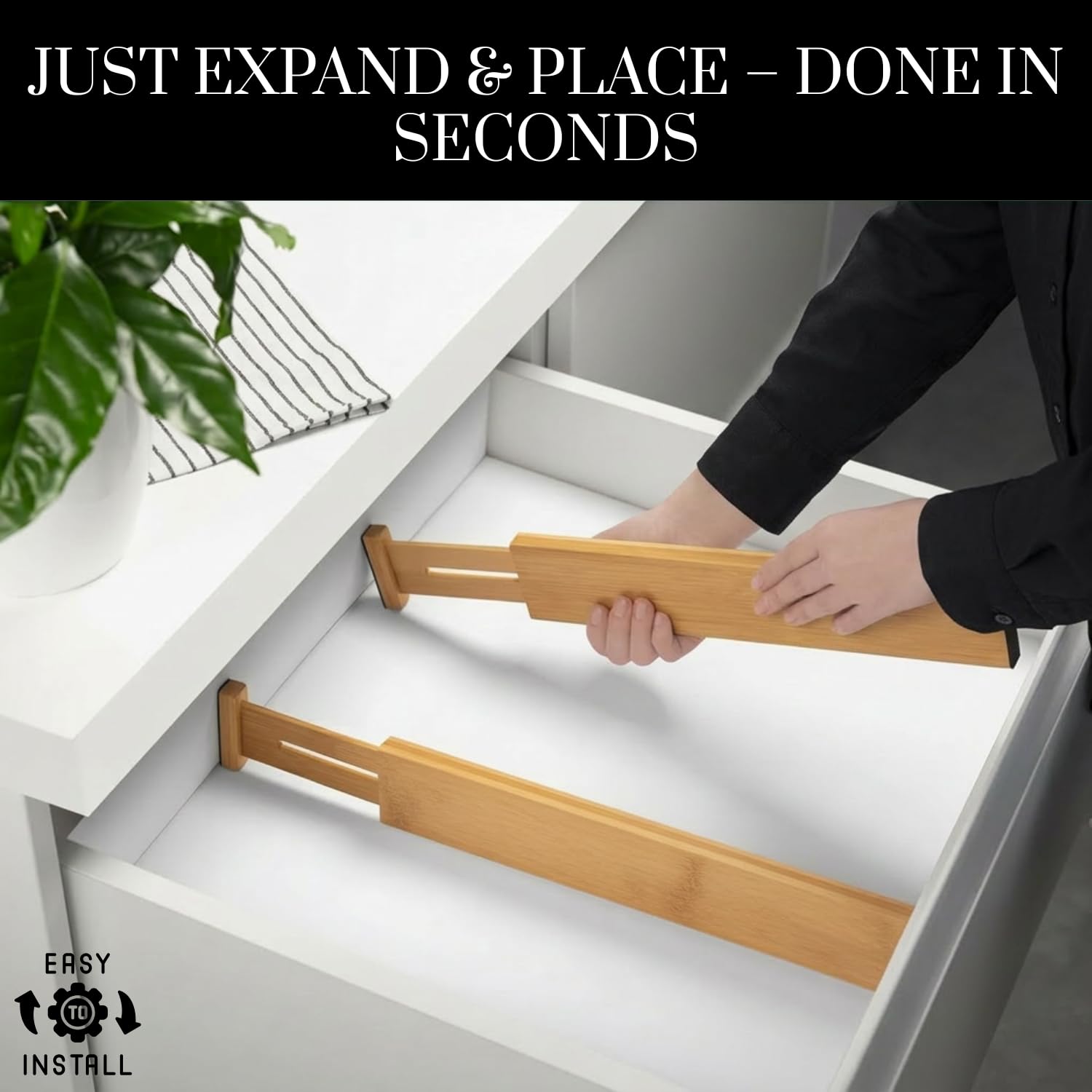 Modern dresser drawer organized with bamboo dividers