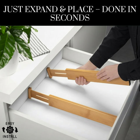 Modern dresser drawer organized with bamboo dividers