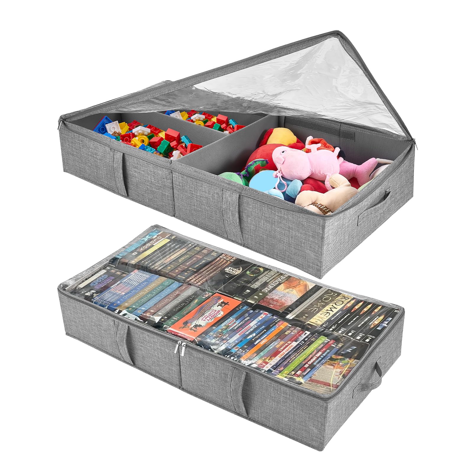Lveesto under-bed toy storage box with clear lid showing visibility of plush toys