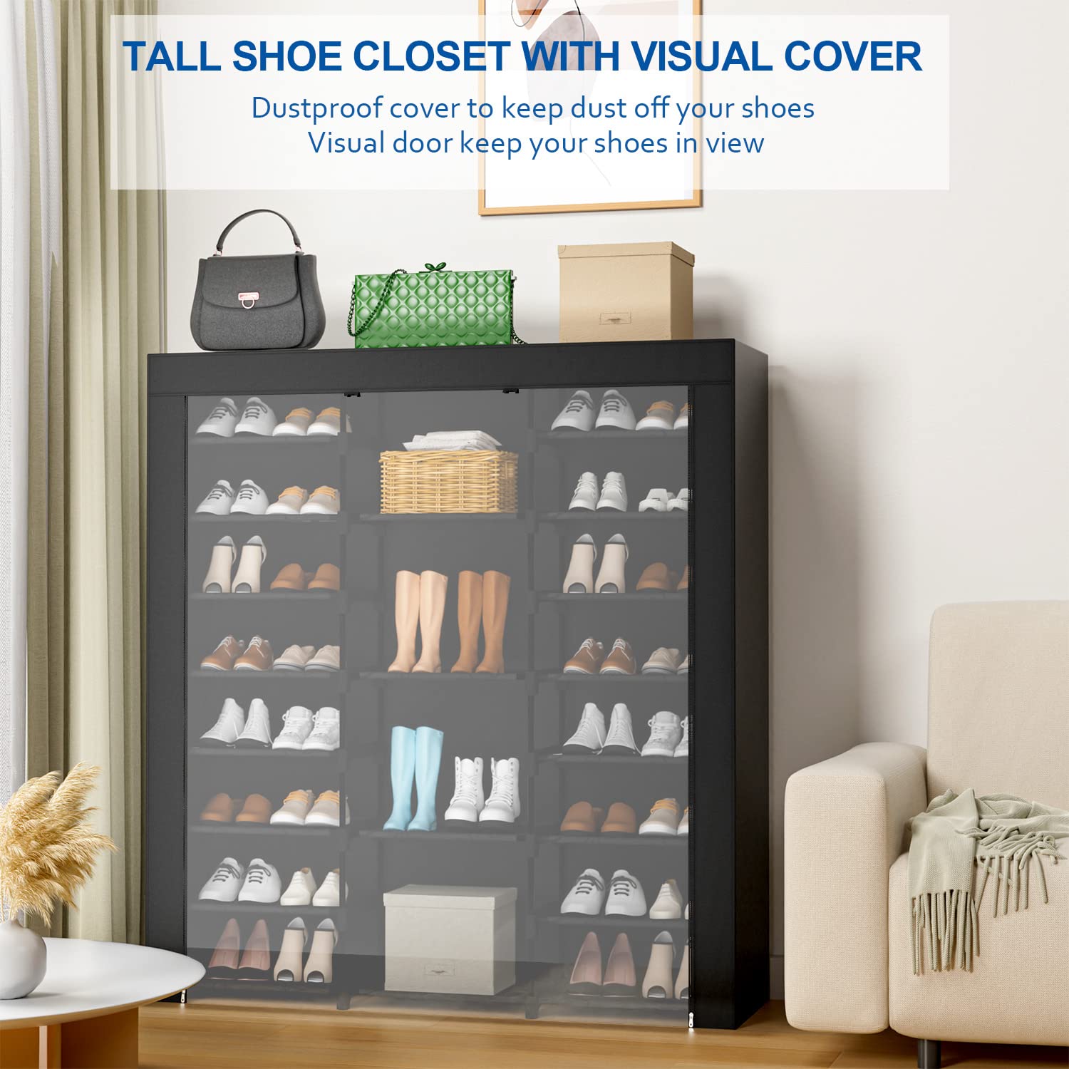 LVNIUS closed shelves shoe cabinet protects shoes from dust while organizing.