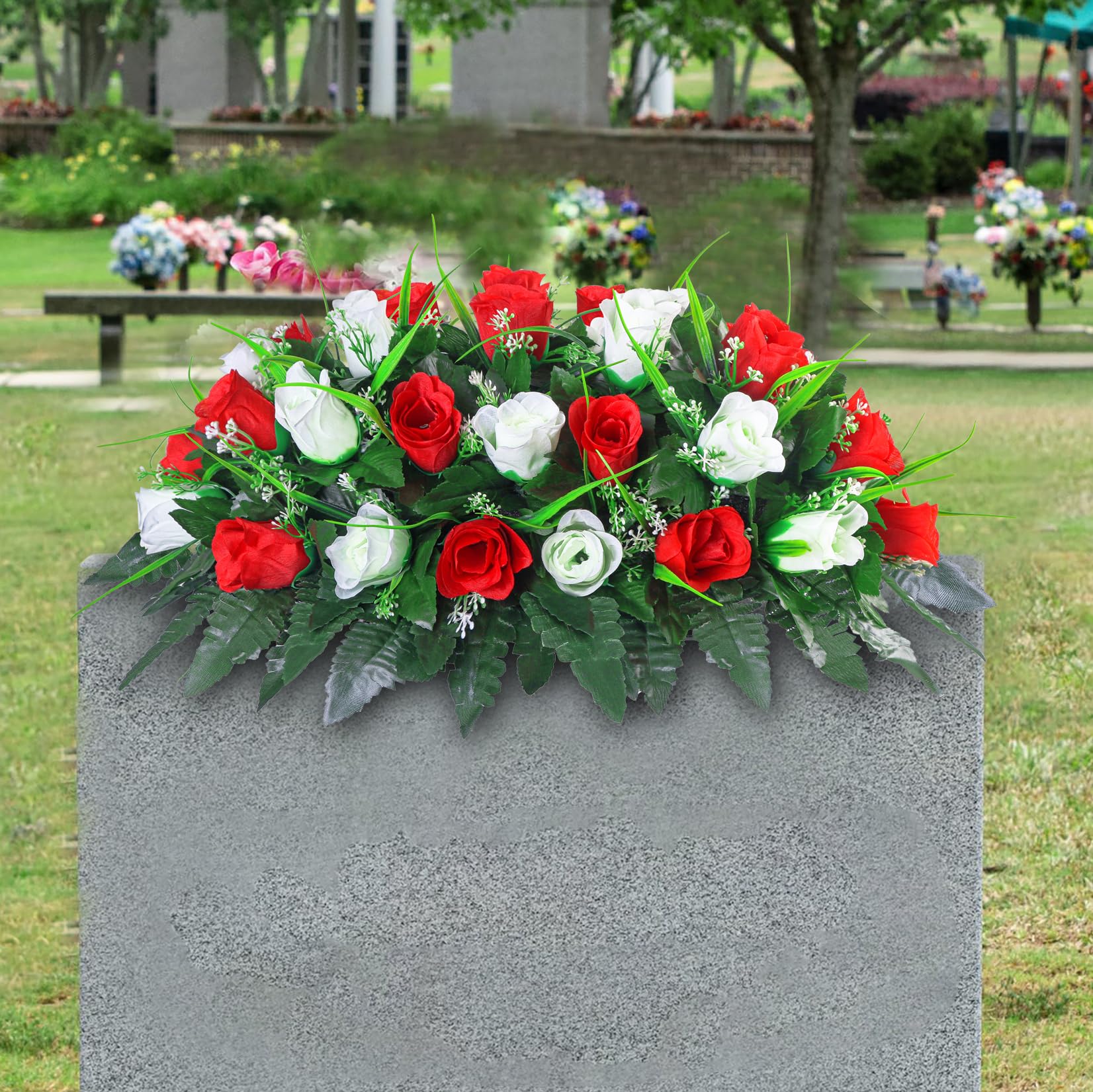 LVXINLI artificial cemetery saddle with red and white roses for lasting grave color.