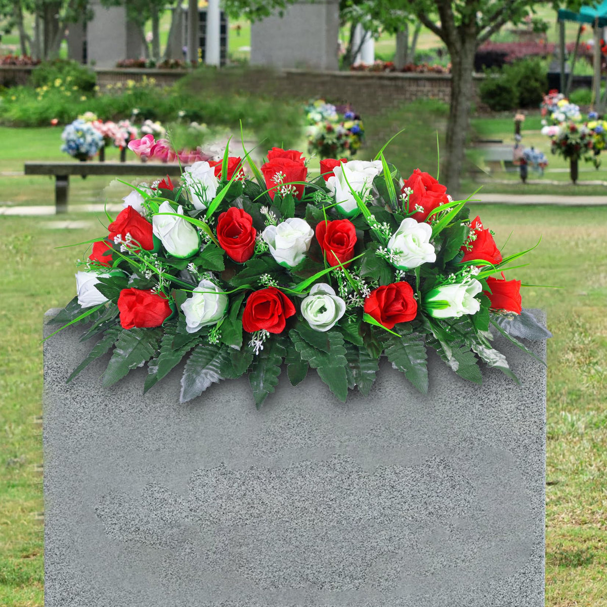 LVXINLI artificial cemetery saddle with red and white roses for lasting grave color.