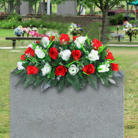 LVXINLI artificial cemetery saddle with red and white roses for lasting grave color.