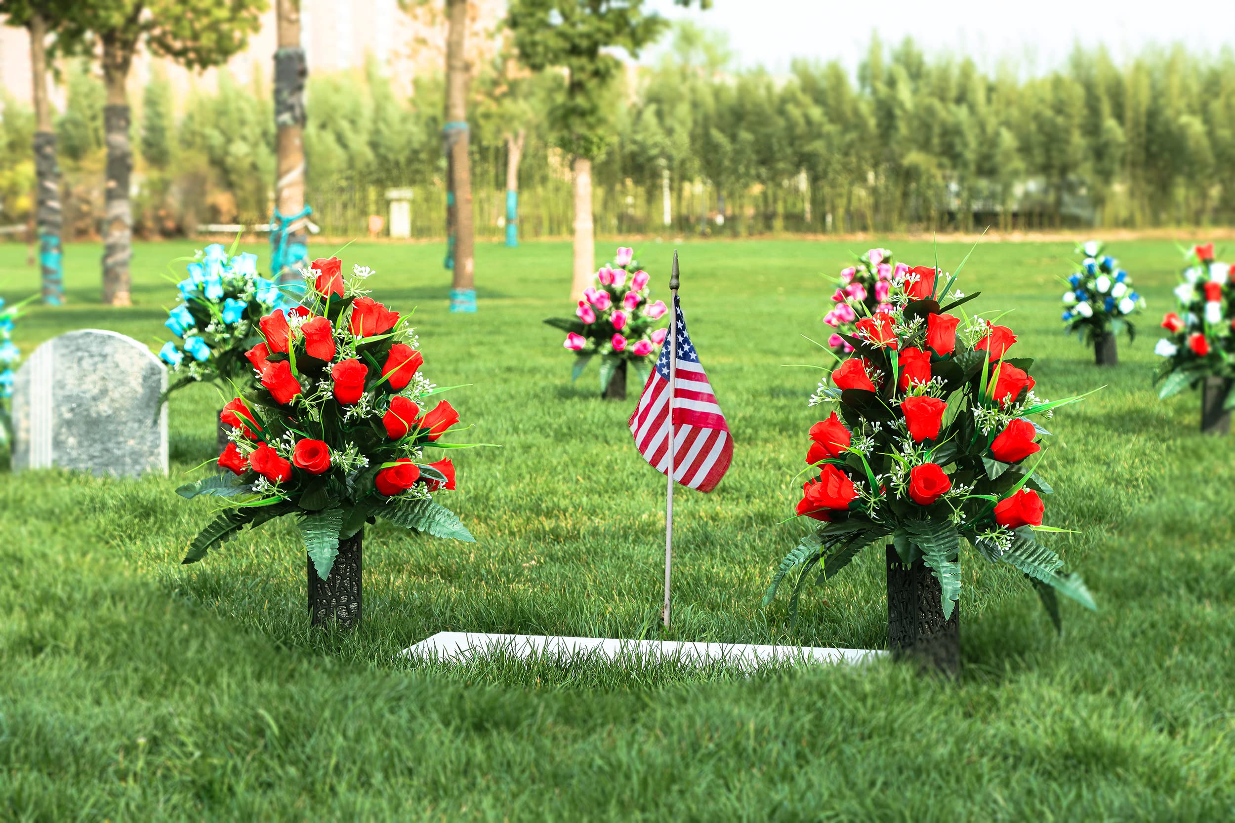LVXINLI two bouquets two vases set, ready grave decoration for outdoor memorials.