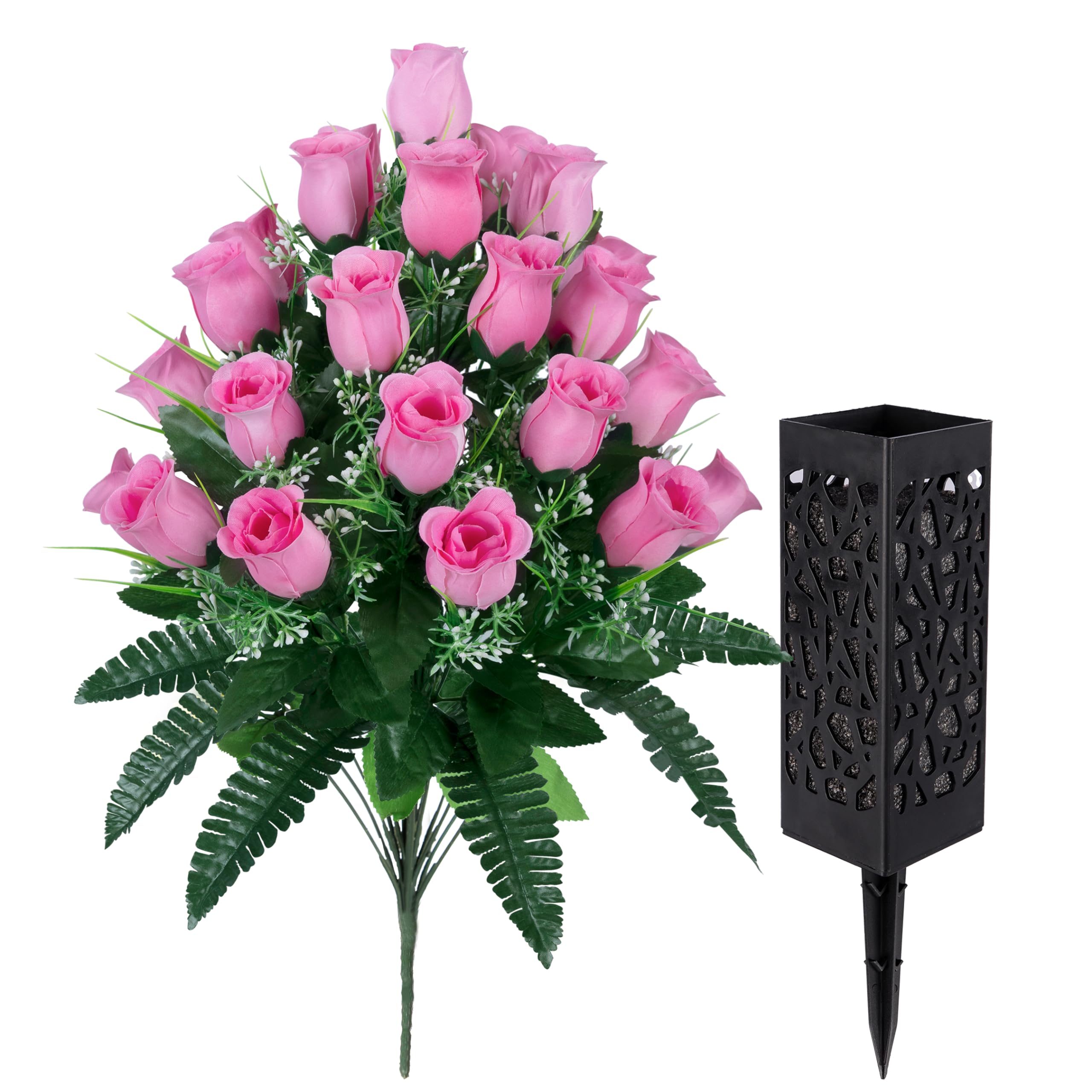 LVXINLI lifelike cemetery roses in vase set, easy-care memorial décor.