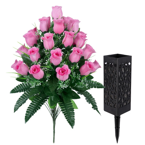 LVXINLI lifelike cemetery roses in vase set, easy-care memorial décor.