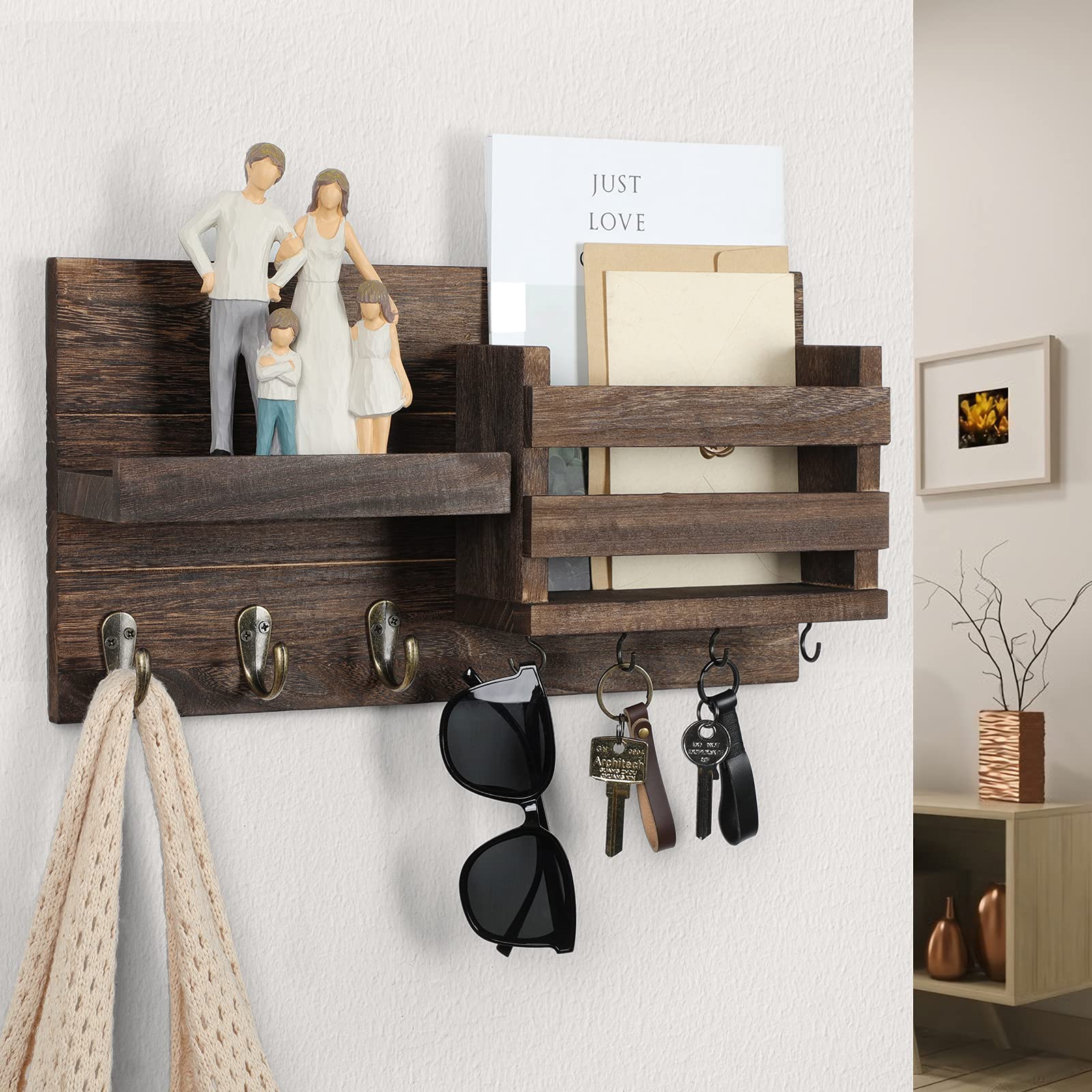 Lwenki sunglasses and wallet stay within reach on front-door shelf.