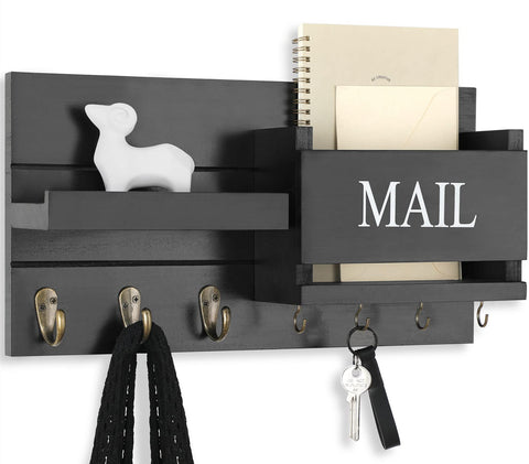 Lwenki wall mail organizer with shelf and hooks in black, ideal for entryways.