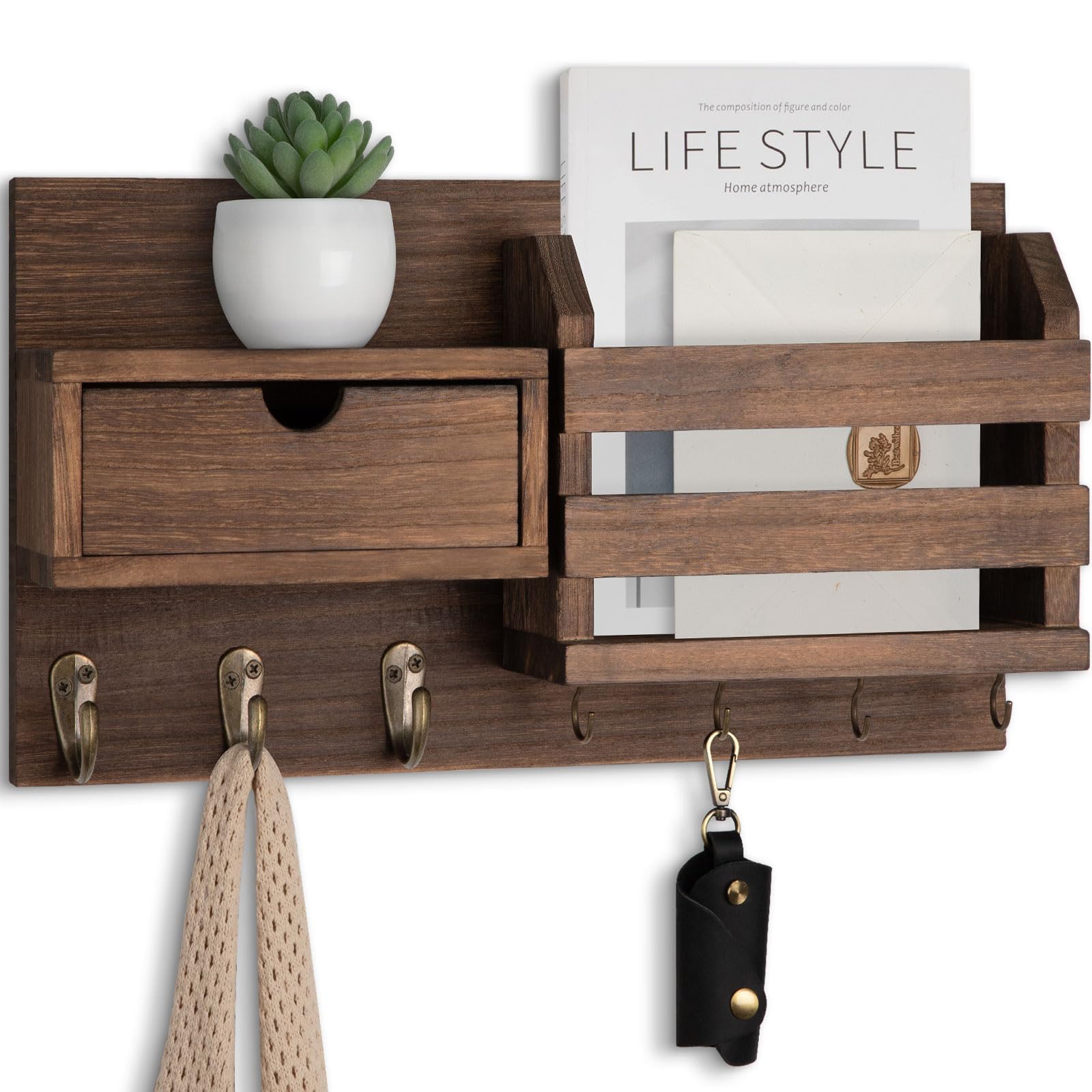 Lwenki wall mount key holder with hooks keeps keys and essentials organized