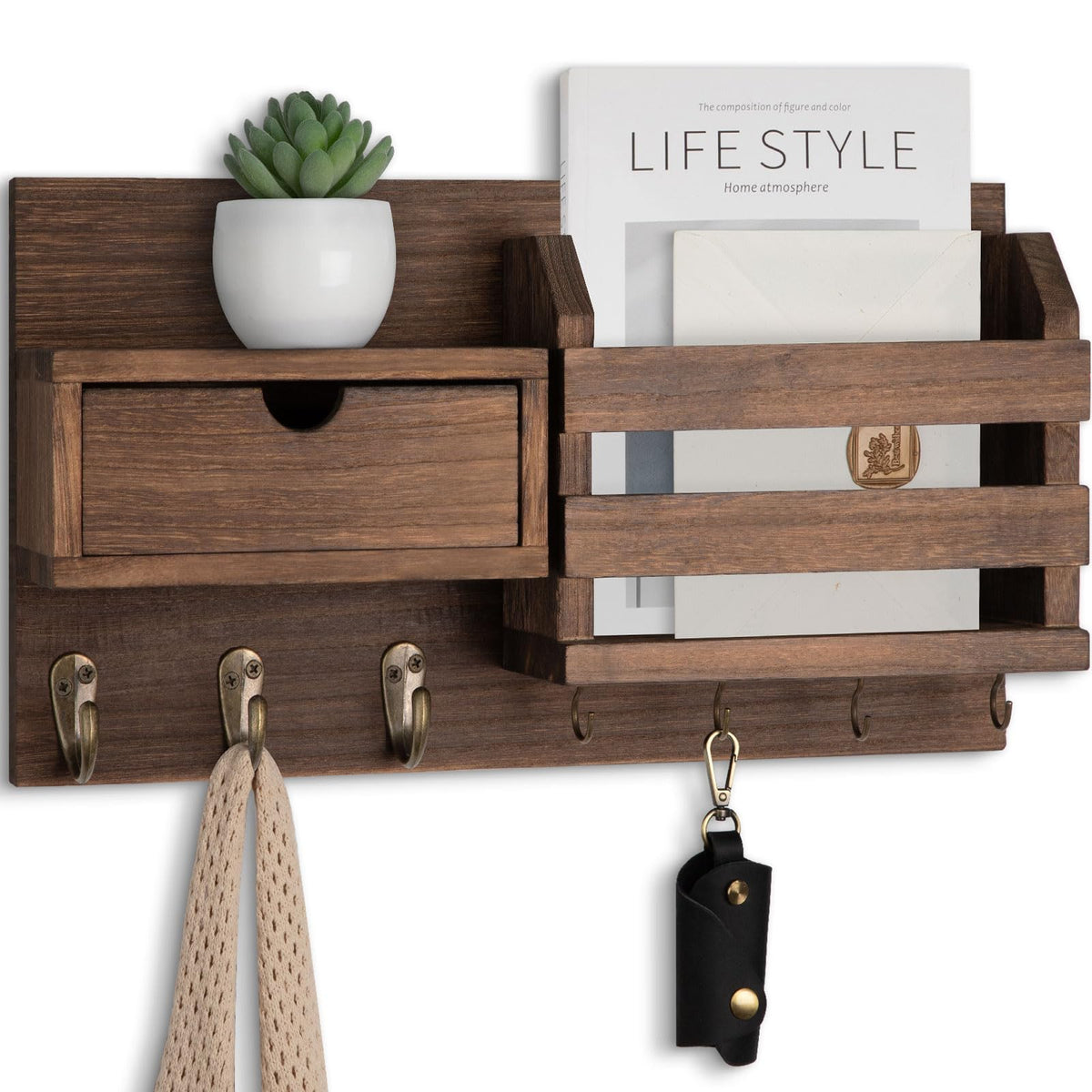 Lwenki wall mount key holder with hooks keeps keys and essentials organized
