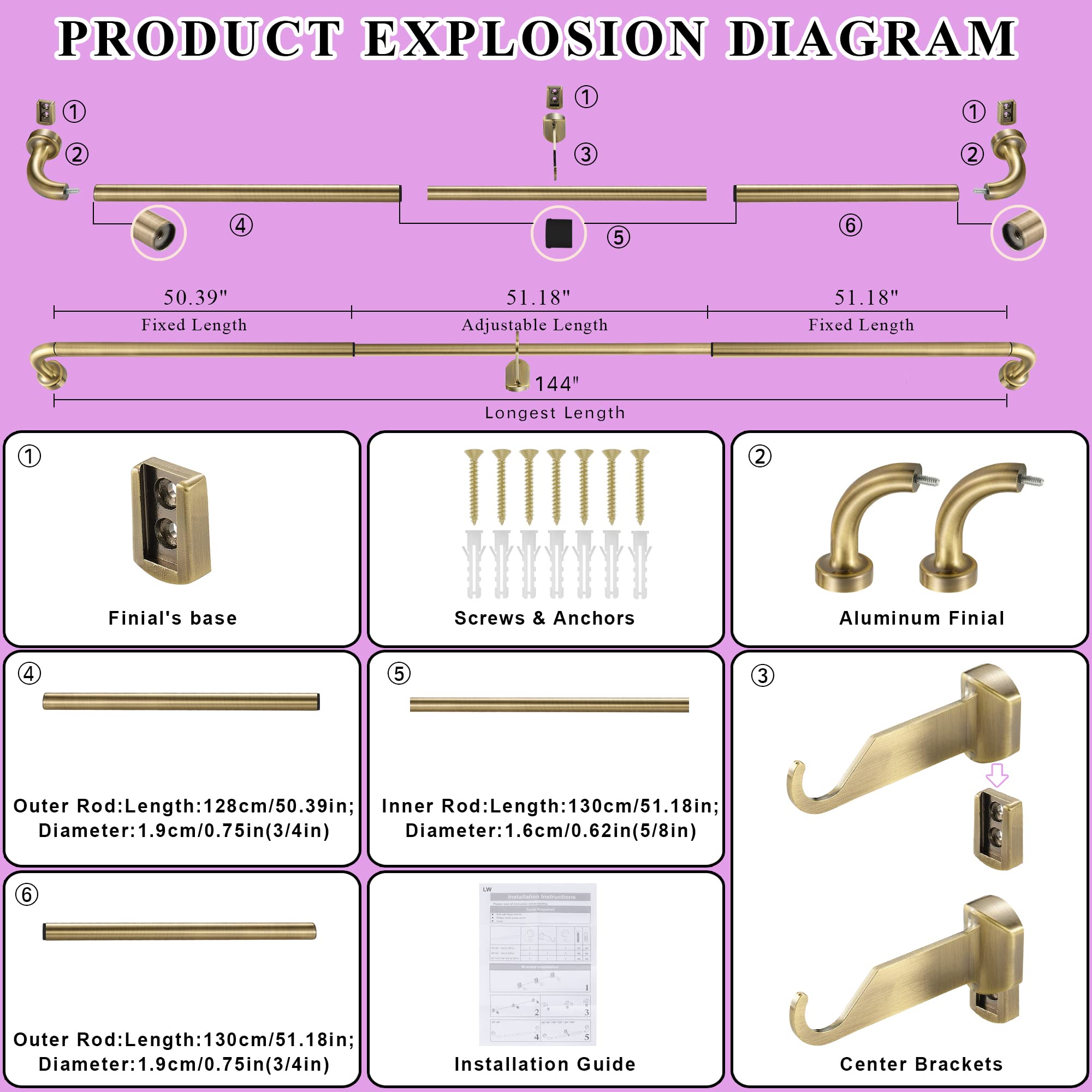 Lwiiom telescopic rod extends 72-144 inches for flexible room setups.