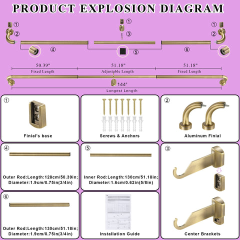 Lwiiom telescopic rod extends 72-144 inches for flexible room setups.