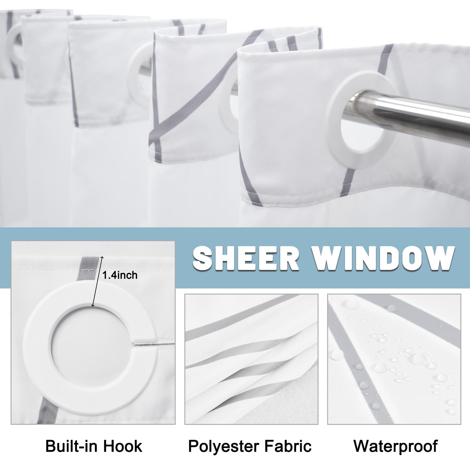 LXBNI grey-white striped curtain with sheer top window for light and privacy.