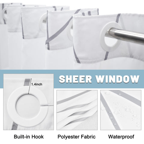 LXBNI grey-white striped curtain with sheer top window for light and privacy.