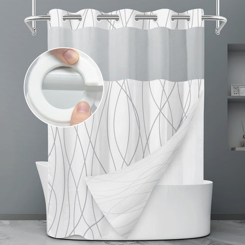 LXBNI no-hook grey-white striped shower curtain with mesh window for easy setup.