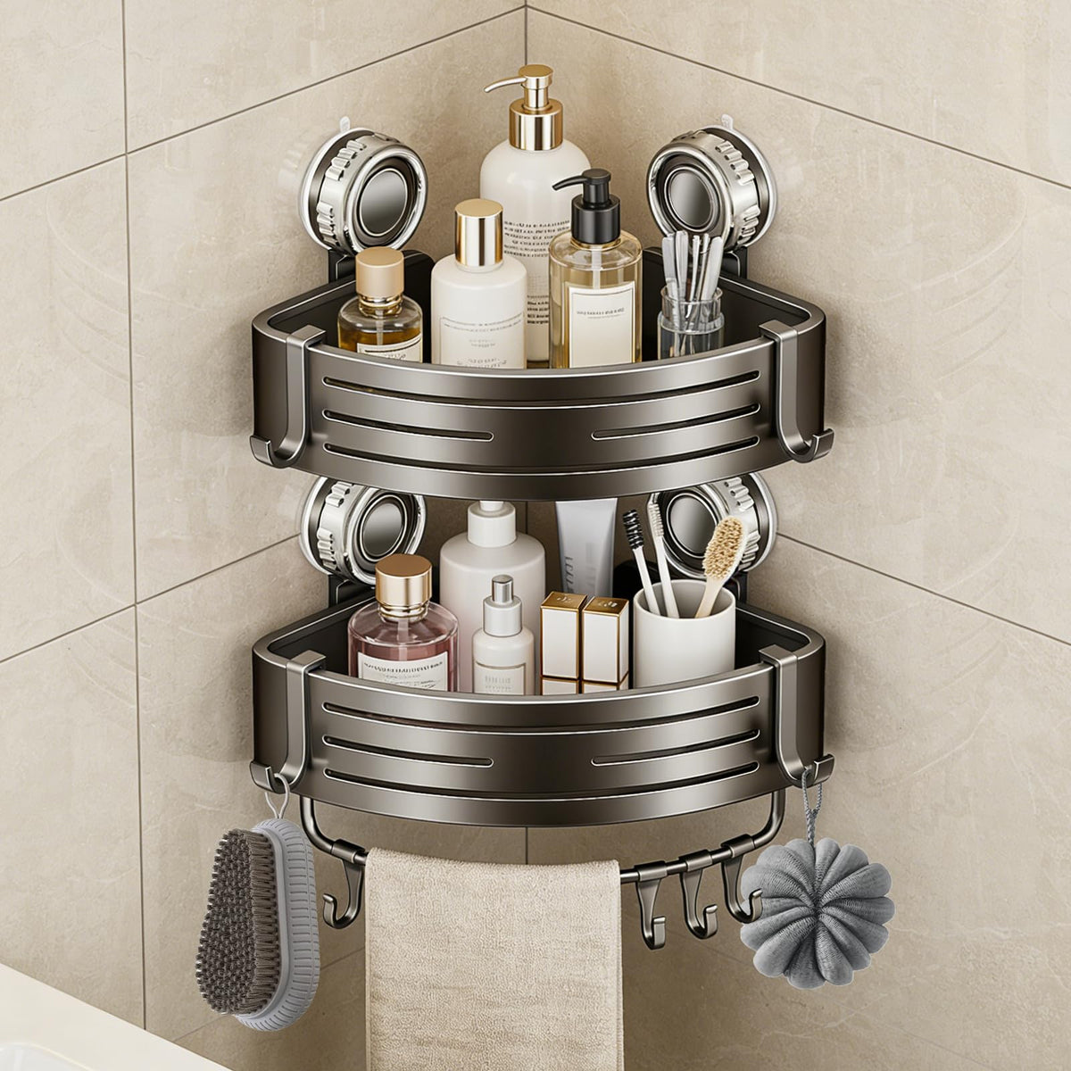 LxBrillxiant corner caddy with suction cup secures bottles securely.
