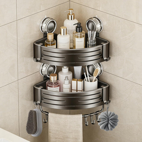 LxBrillxiant corner caddy with suction cup secures bottles securely.