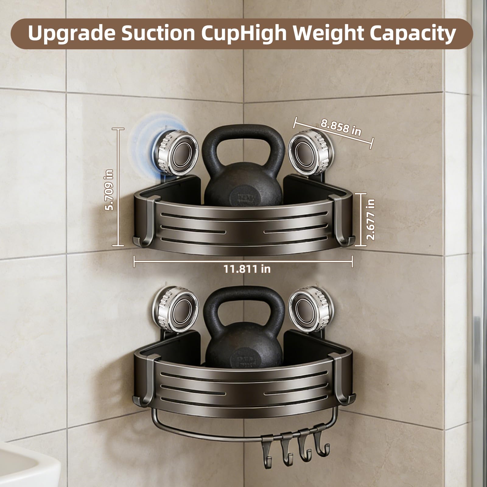 LxBrillxiant two-tier gray shelf keeps shower bottles organized.