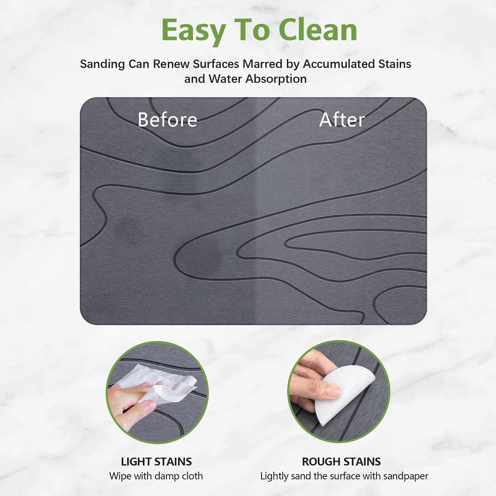 Lydia's Deal minimalist stone finish adds a spa-like look to bathrooms.
