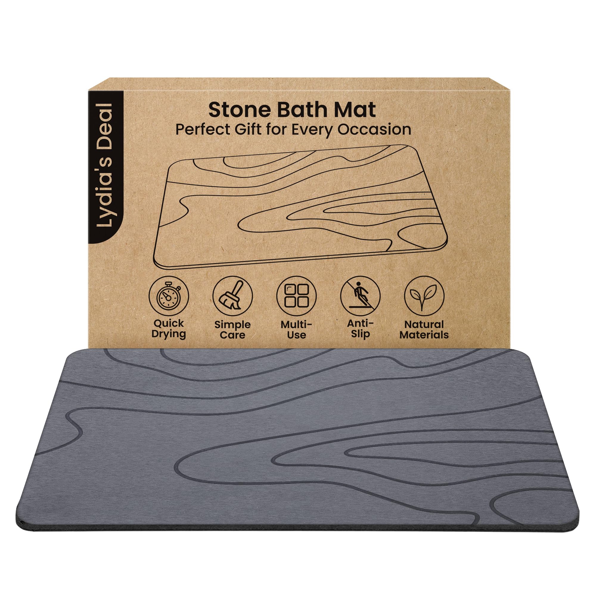 Lydia's Deal stone bath mat absorbs water instantly for dry bathroom floors.