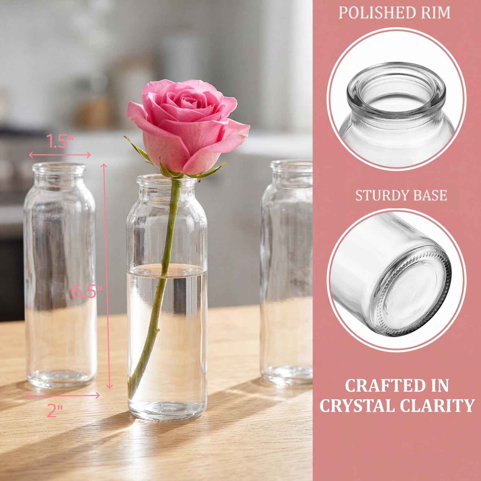 Lyellfe clear glass vases highlight stems for stunning reception decor.