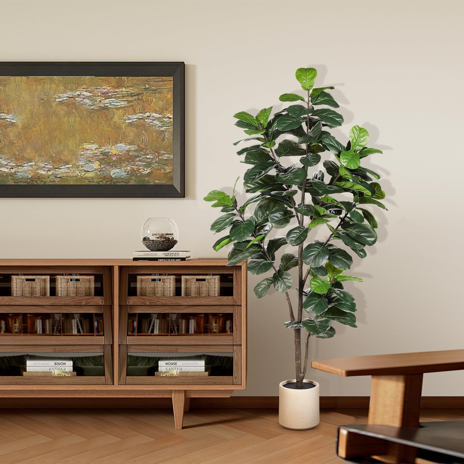 LYERSE artificial fig tree base and neutral planter provide stable display.