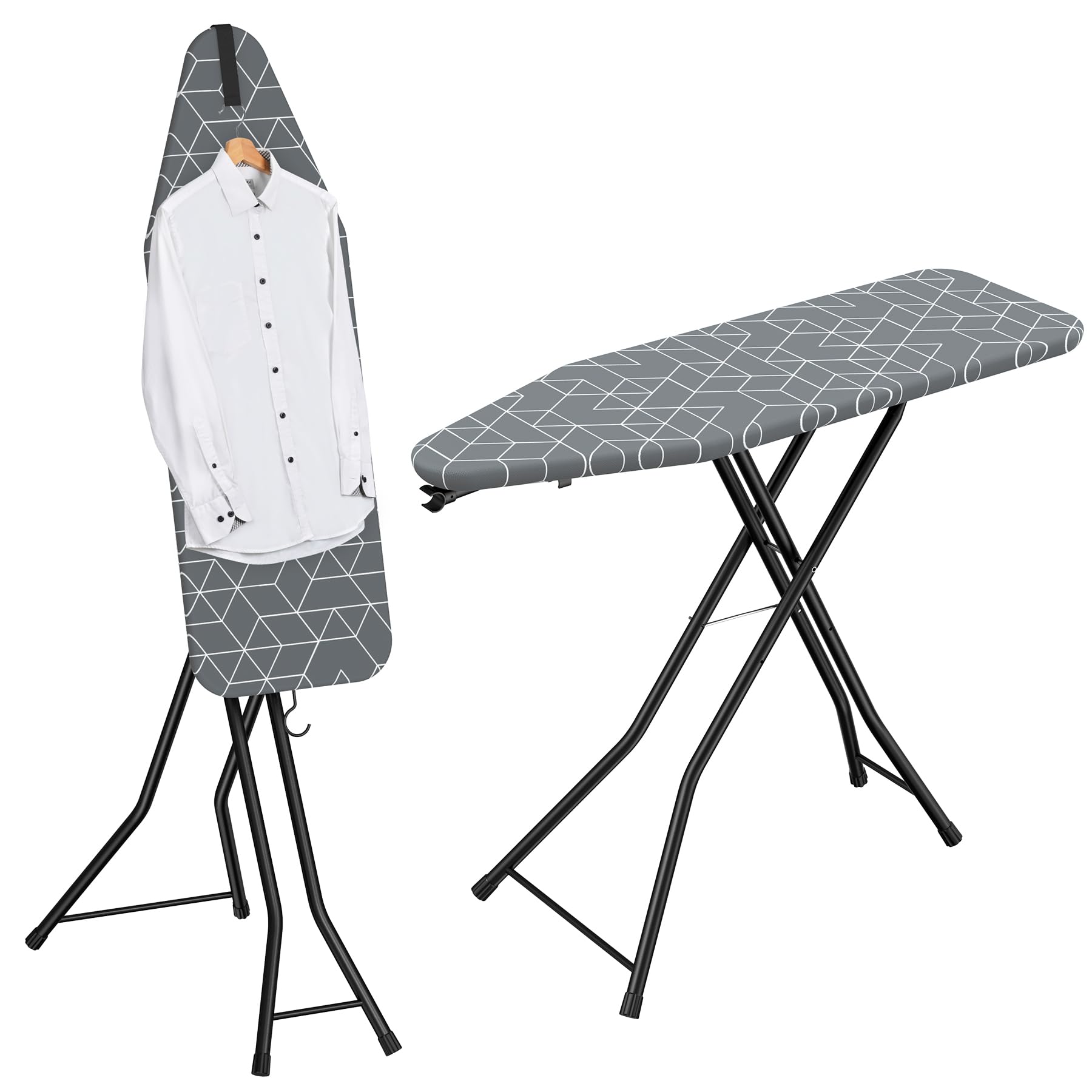 LyriFine 2-in-1 ironing board demonstrates stage adjustment for switching between ironing and steaming.