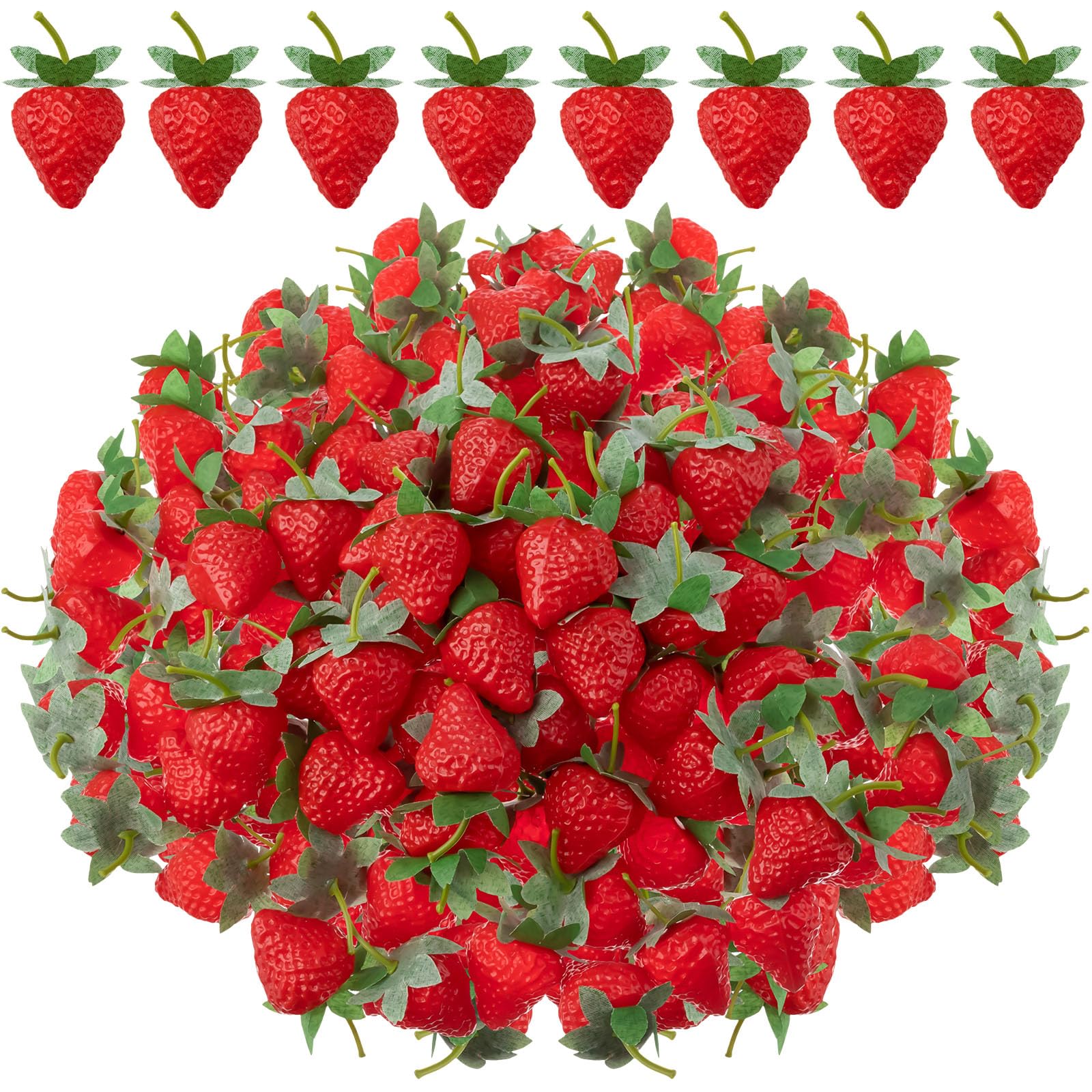 Lyrow artificial strawberries 2.2 inch with green leaves for photography props.