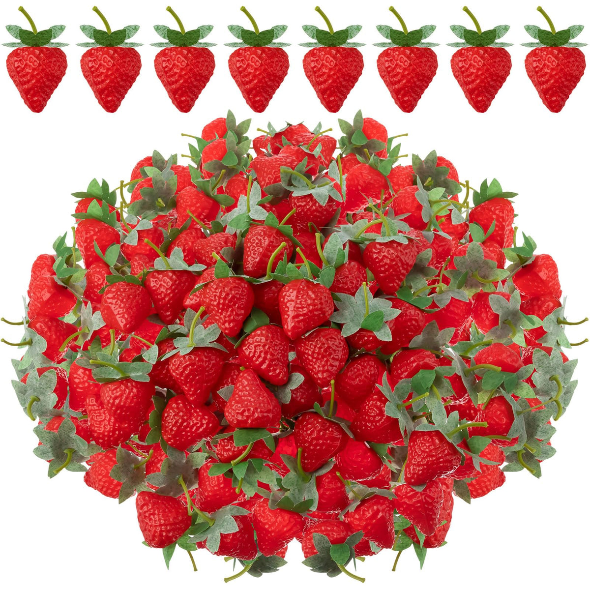 Lyrow artificial strawberries 2.2 inch with green leaves for photography props.