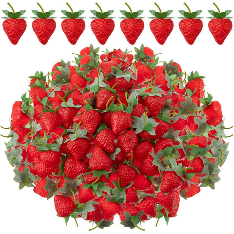 Lyrow artificial strawberries 2.2 inch with green leaves for photography props.