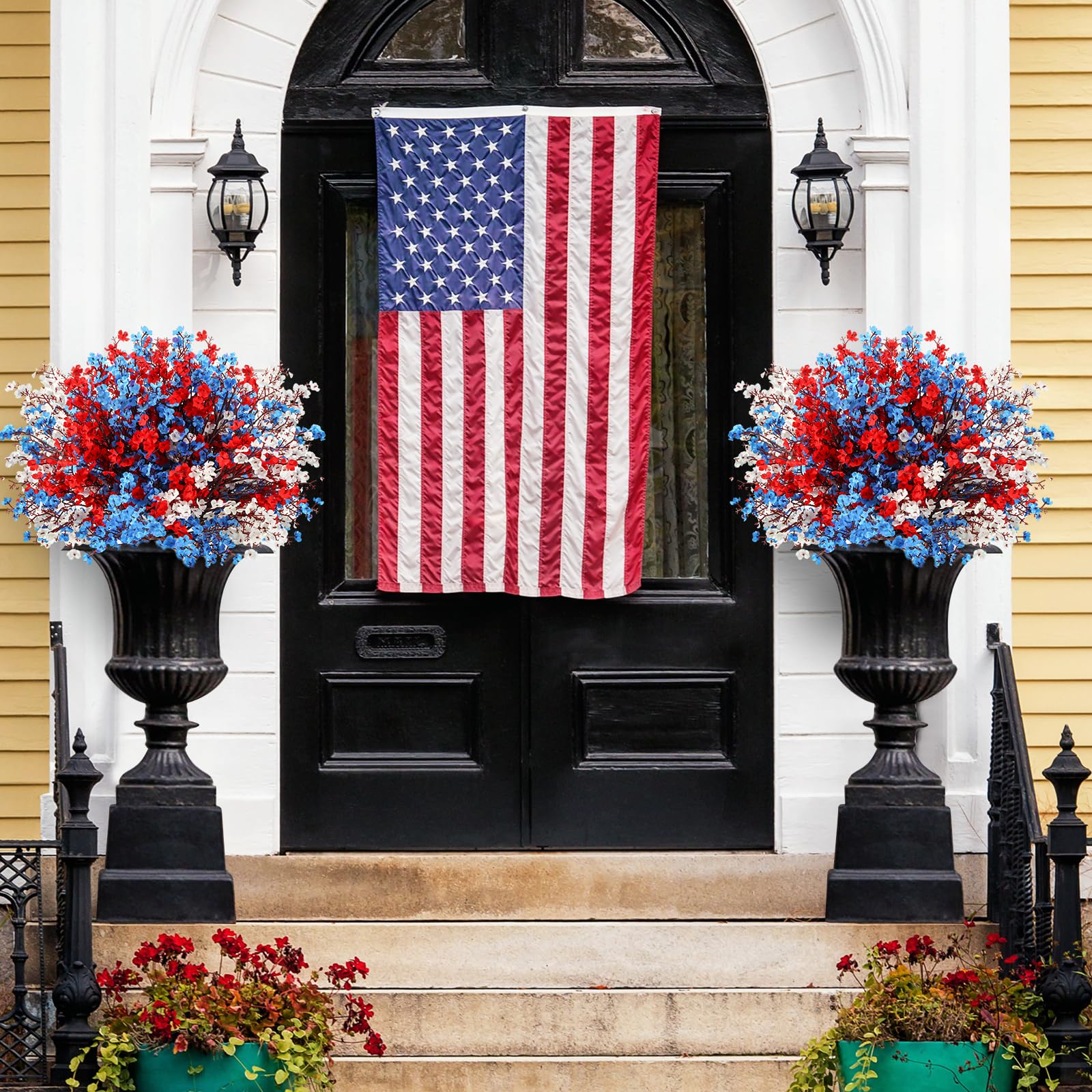 Lyrow 24-piece patriotic flower pack in red, blue, white for decoration.