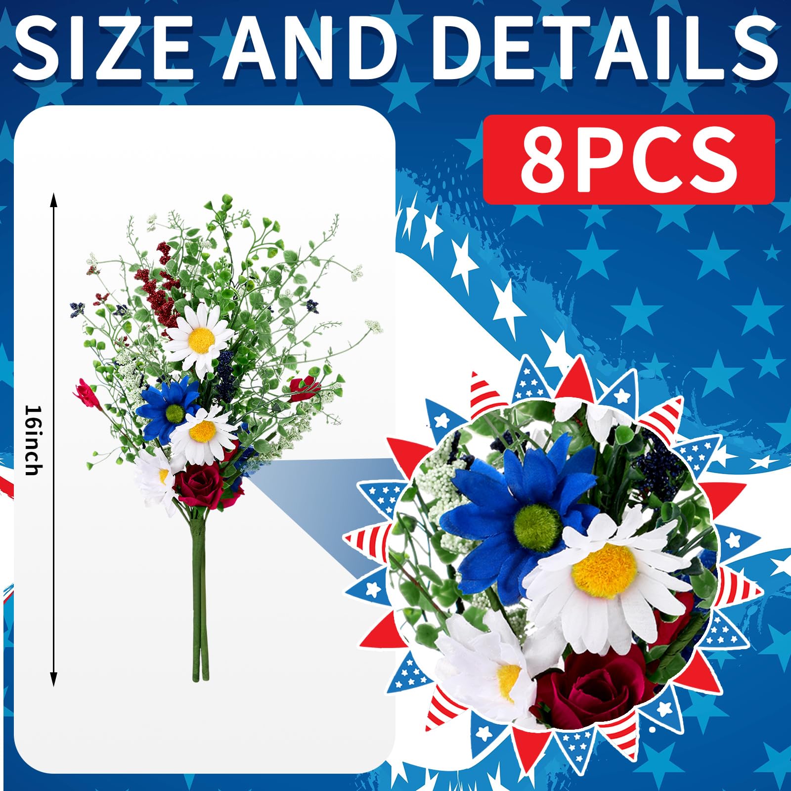 Lyrow red white blue artificial flowers with greenery for vibrant decor.