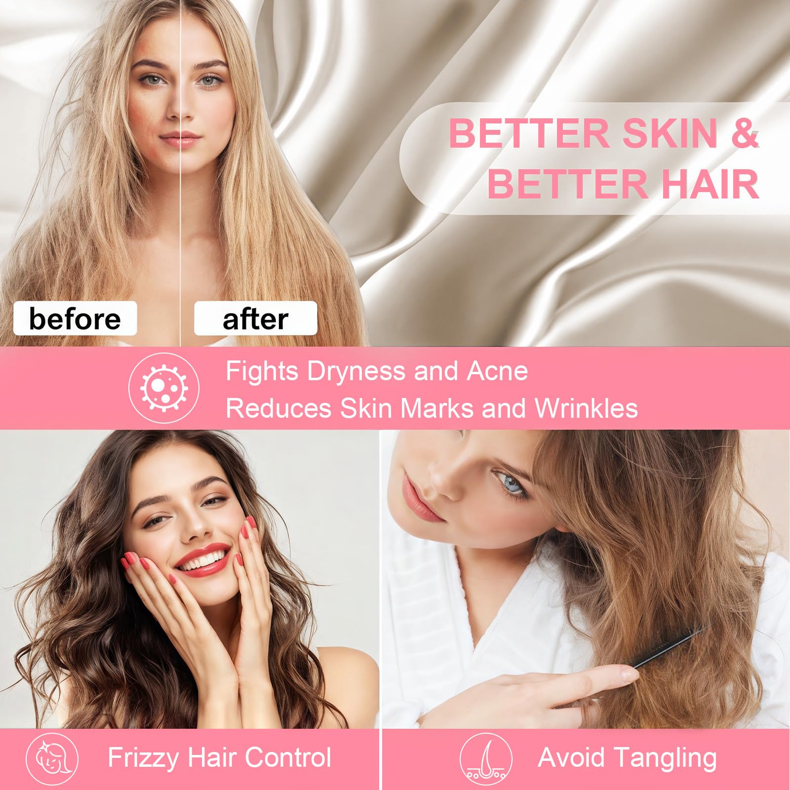 Long hair resting on LYSHIN silk pillowcase reduces frizz and dryness.