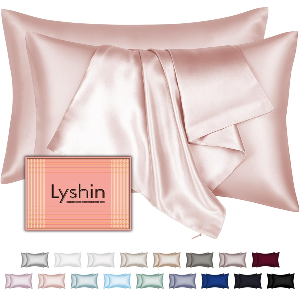 LYSHIN Silk Pillowcase 2-Pack coral pink for cooling comfort and hair protection.
