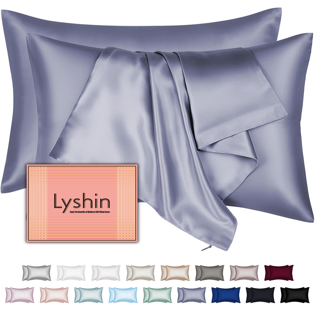 LYSHIN silk pillowcase close-up shows glossy mulberry silk on both sides for hair and skin care.