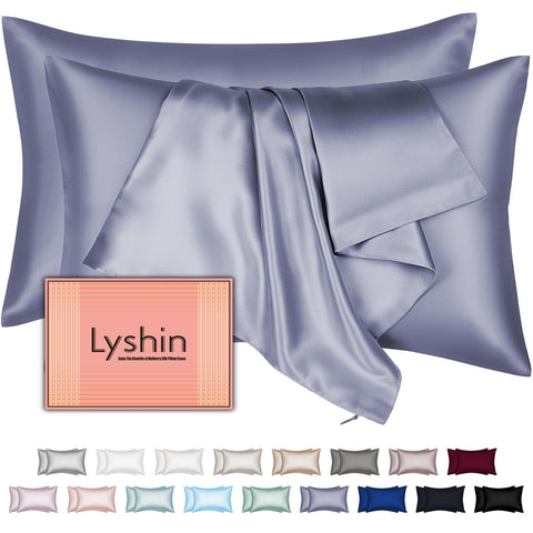 LYSHIN silk pillowcase close-up shows glossy mulberry silk on both sides for hair and skin care.