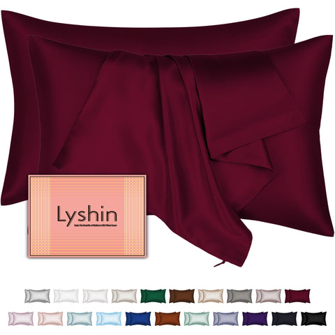 LYSHIN burgundy silk pillowcase with hidden zipper for secure, smooth sleep.