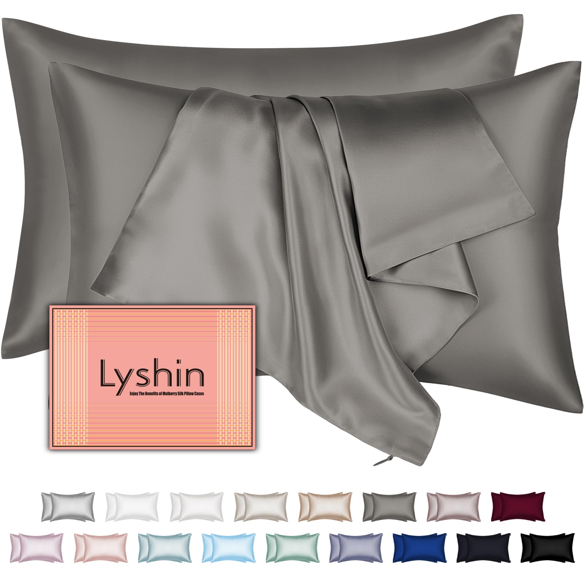 LYSHIN dark grey silk pillowcase two-pack provides a smooth, gentle sleep surface.