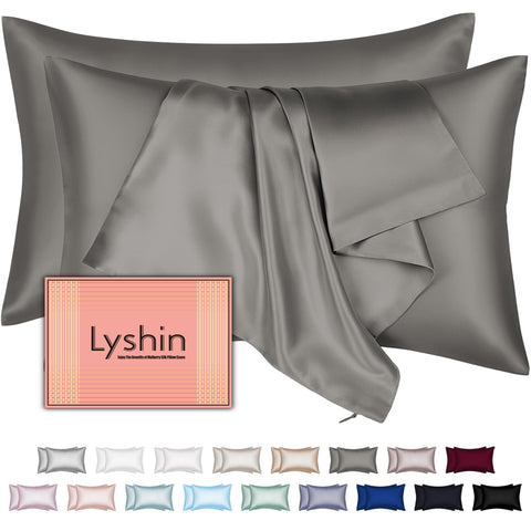 LYSHIN dark grey silk pillowcase two-pack provides a smooth, gentle sleep surface.