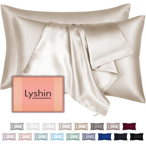 LYSHIN silk pillowcase with hidden zipper in beige keeps pillow secure and wrinkle-free.