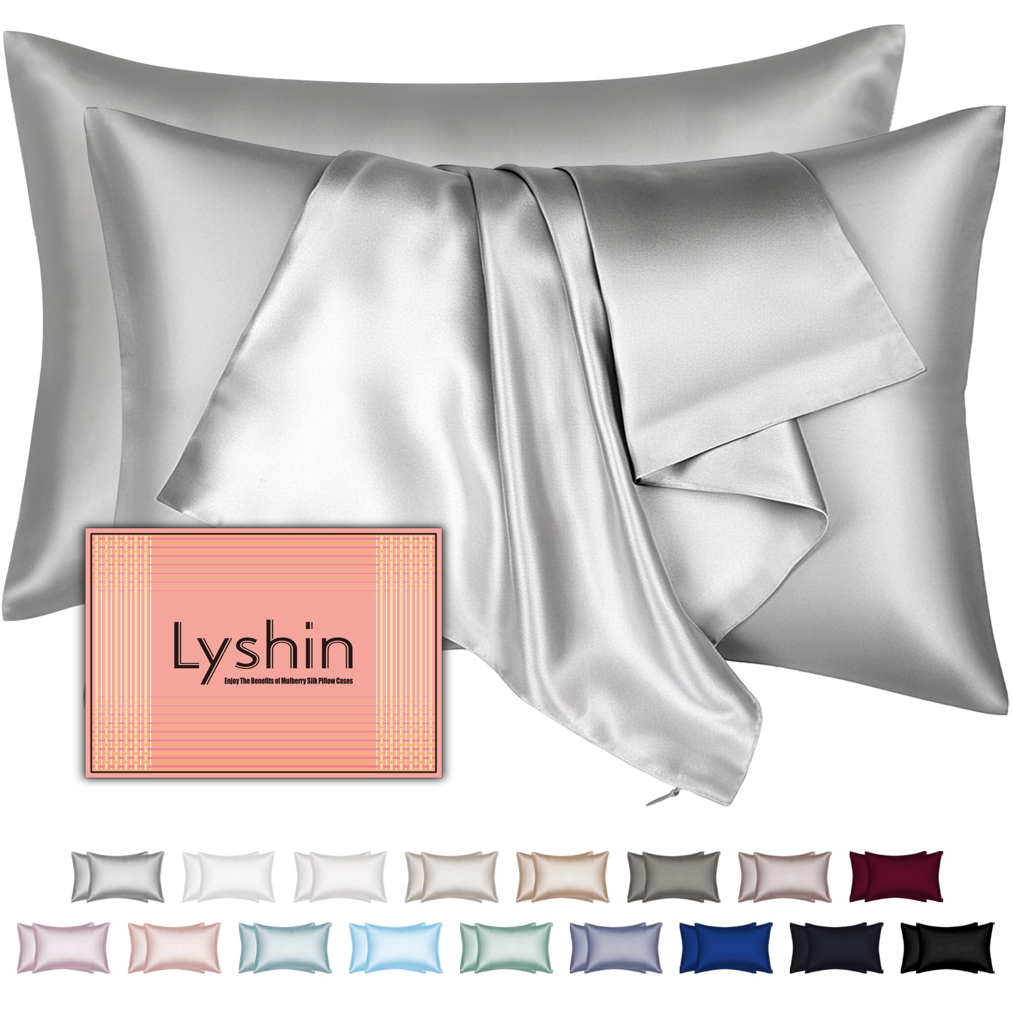 LYSHIN queen silk pillowcase 2-pack in light grey on bed, showcasing soft texture