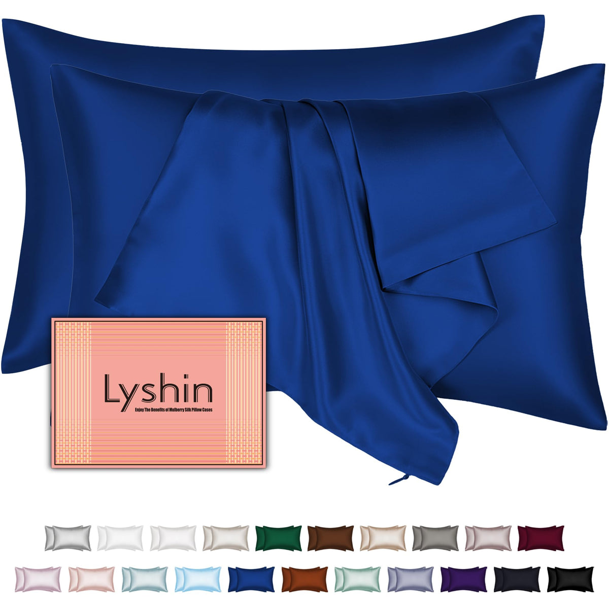 LYSHIN silk pillowcase royal blue pack front for smoother hair and skin.