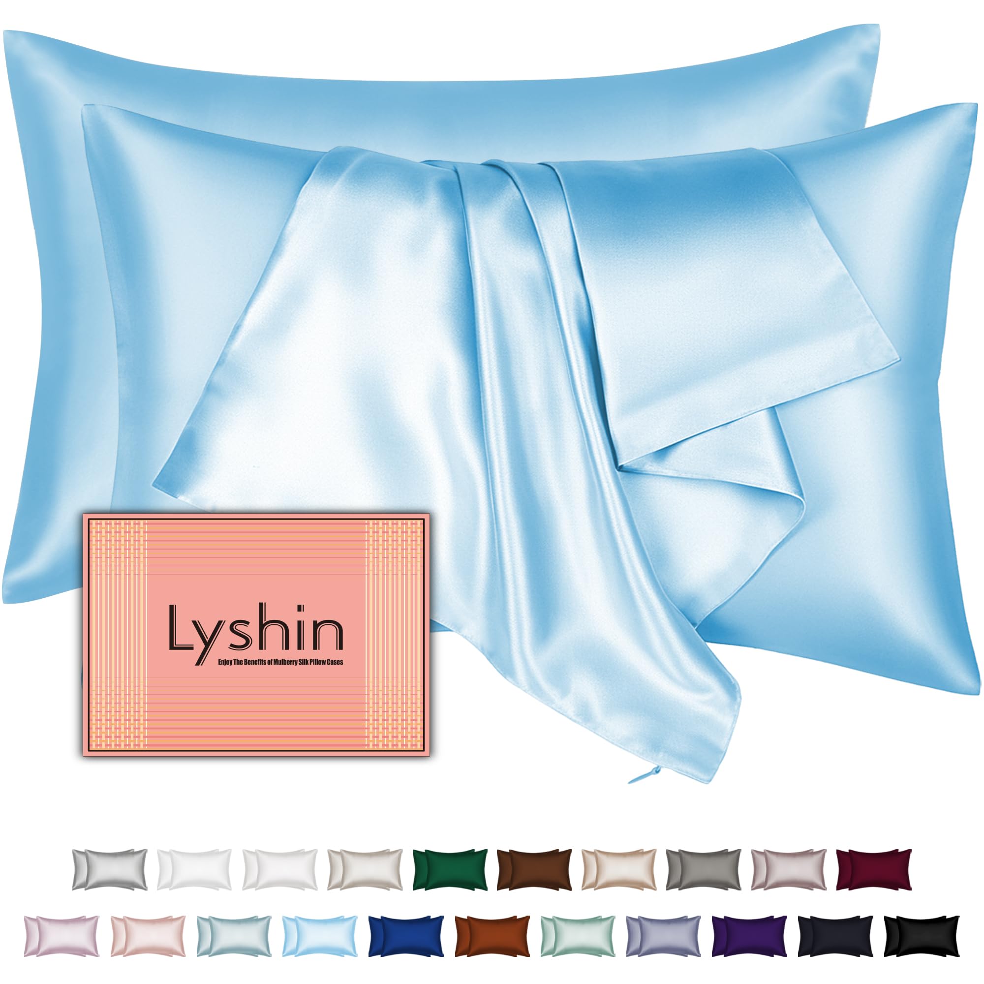 LYSHIN silk pillowcase with hidden zipper in sky blue for a secure sleep surface.