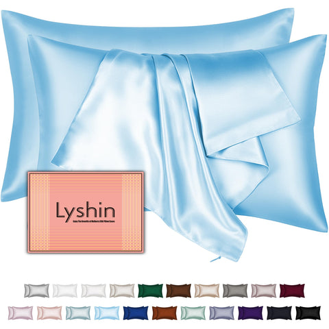 LYSHIN silk pillowcase with hidden zipper in sky blue for a secure sleep surface.