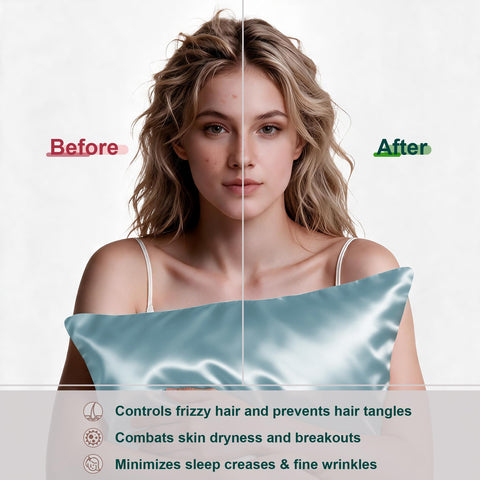 LYSHIN silk pillowcase standard size on bed highlights cooling, breathable sleep surface.