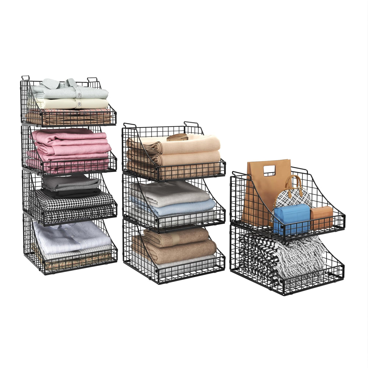Lyuwanxian stackable baskets 4-pack front view for tidy storage