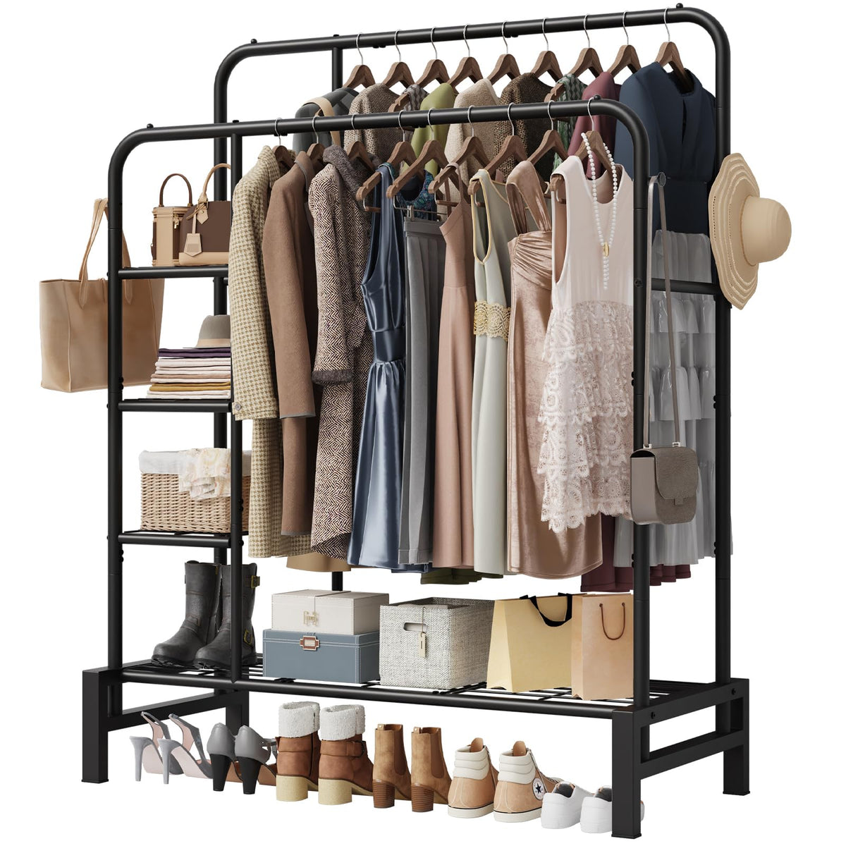 LZNIOZ clothes rack with double rods for organized garments in the bedroom.